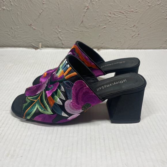 Jeffrey Campbell Black Purple Peep Toe Floral Embroidered Sandal Heels Sz 7.5 - Picture 5 of 7